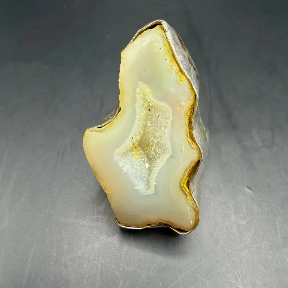 Handcrafted White Druzy Agate Slice Statement Ring Size 8 Natural Gemstone